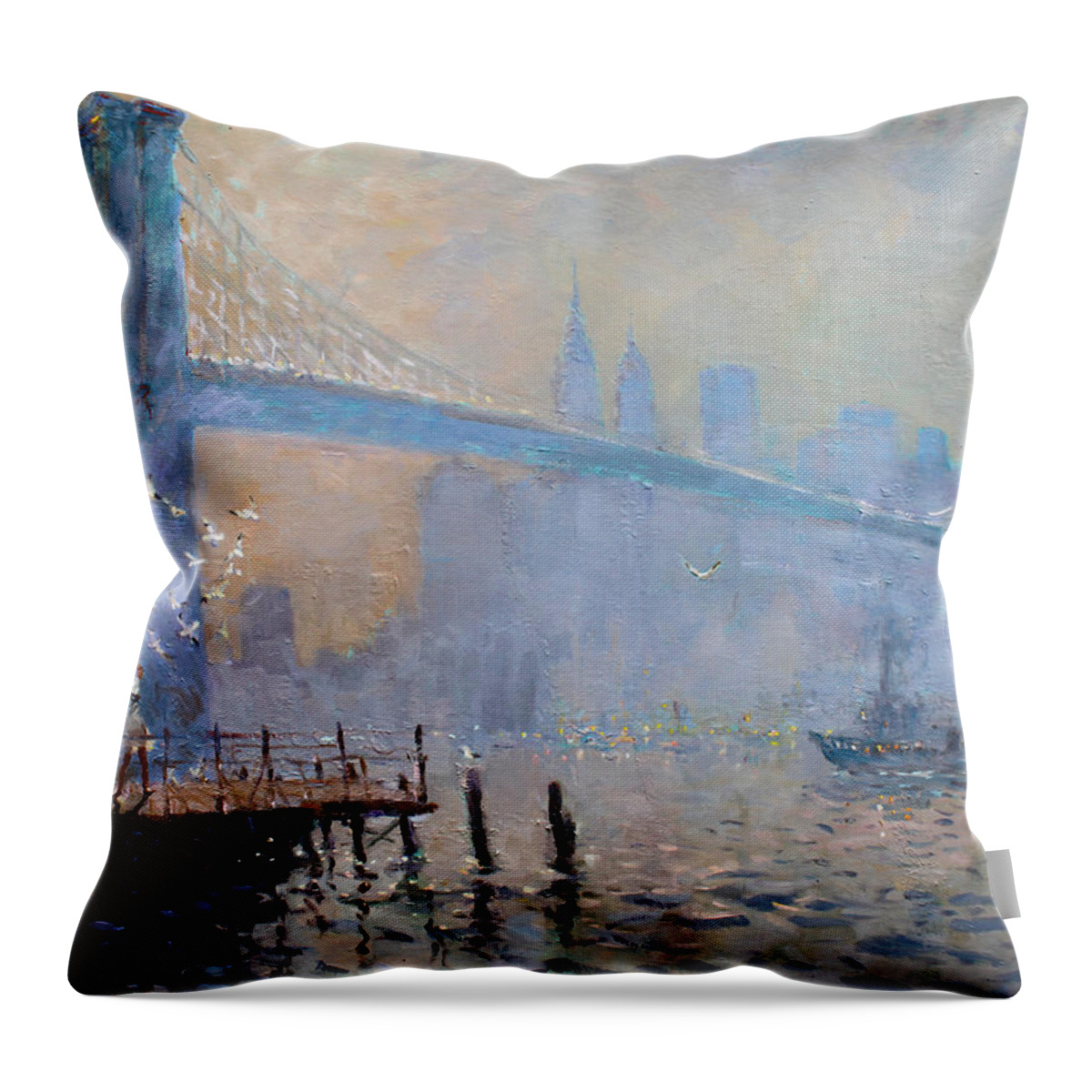 Seagulls Throw Pillow featuring the painting Erbora and the Seagulls by Ylli Haruni