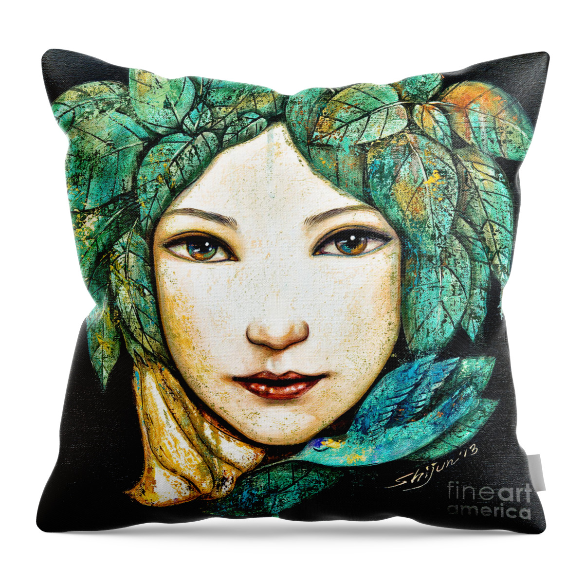 Shijun Throw Pillow featuring the painting Eyes of the Forest by Shijun Munns