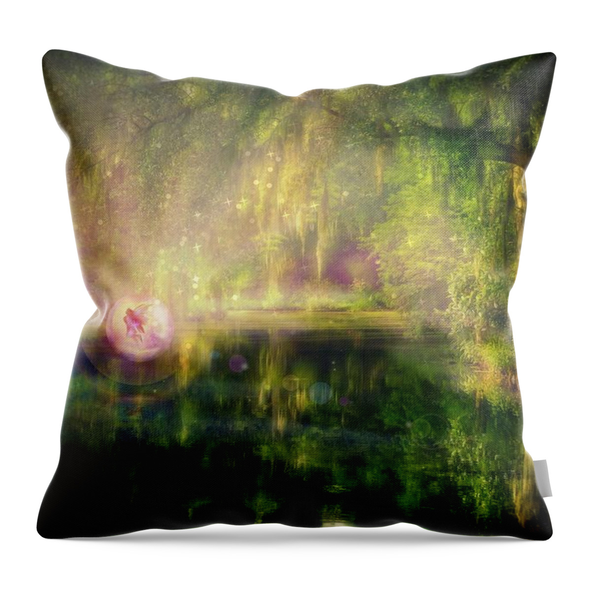 Fairy Throw Pillow featuring the digital art Fairy in Pink bubble in Serenity Forest by Lilia D