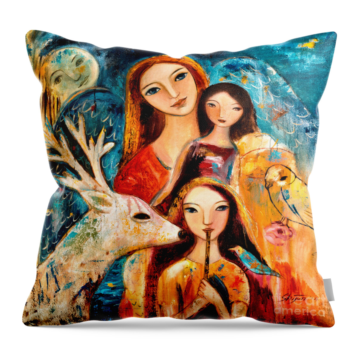 Mother And Child Throw Pillow featuring the painting Family with Reindeer by Shijun Munns