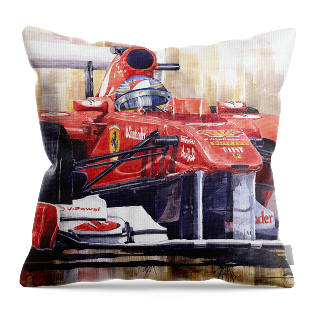 Watercolour Throw Pillow featuring the painting 2011 Ferrari 150 Italia Fernando Alonso F1  by Yuriy Shevchuk