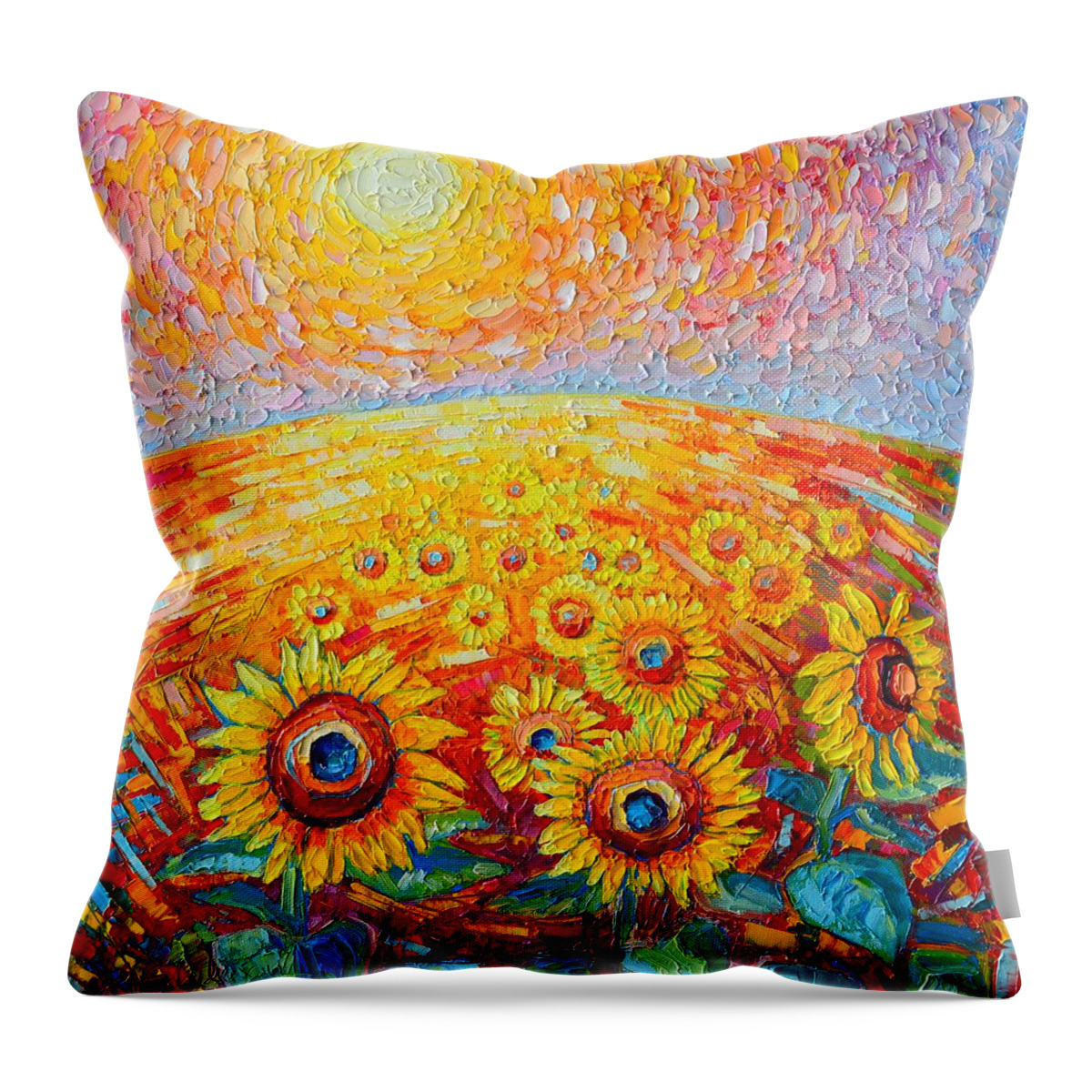Sunflower Throw Pillow featuring the painting Fields Of Gold - Abstract Landscape With Sunflowers In Sunrise by Ana Maria Edulescu