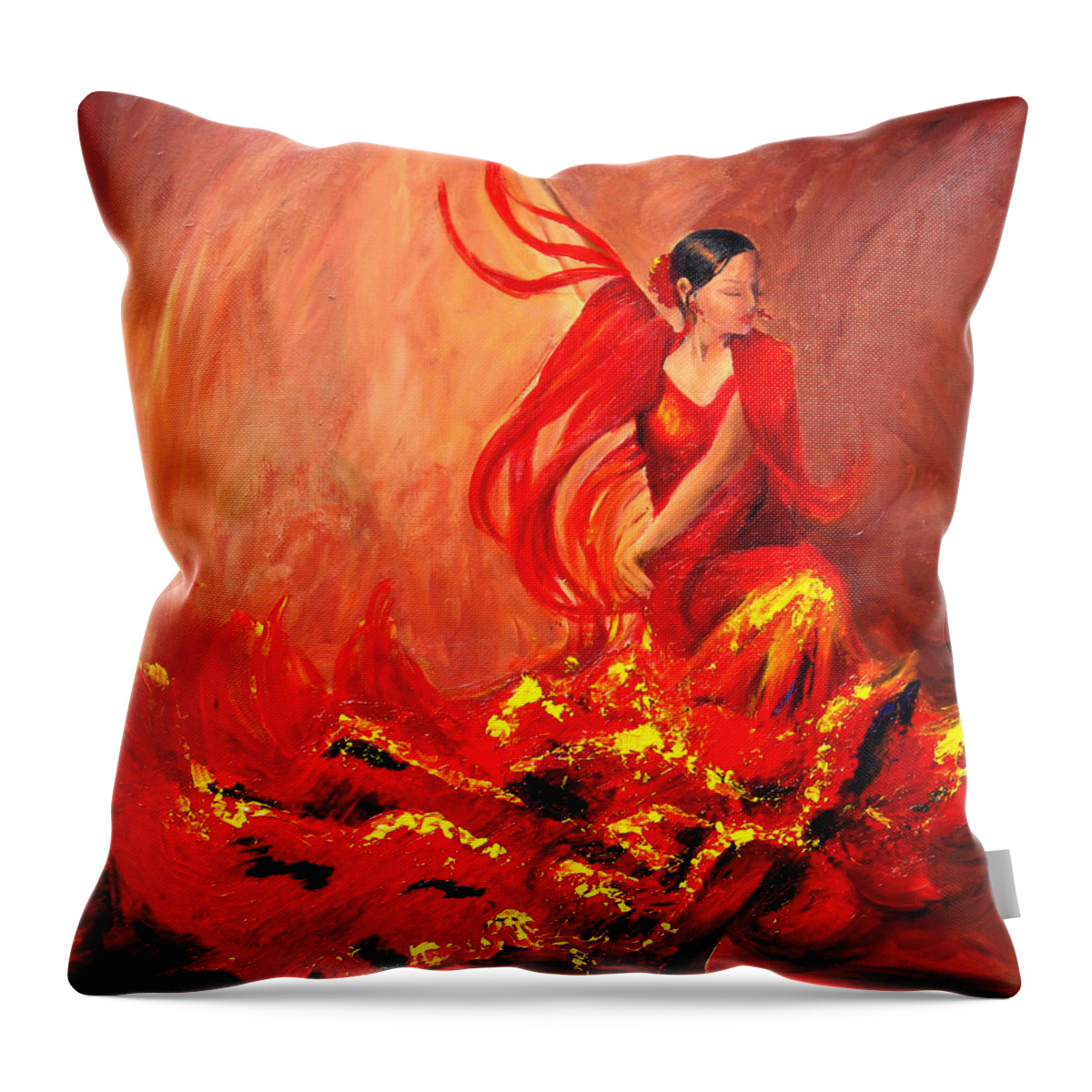 Flamenco Dancer Throw Pillow featuring the painting Fire of Life Flamenco by Sheri Chakamian