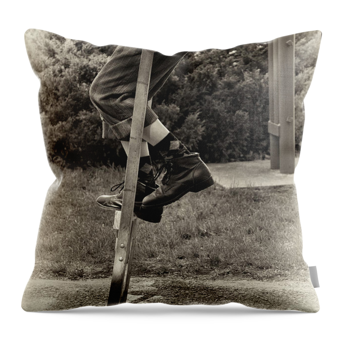 Portraits Throw Pillow featuring the photograph First Time on Stilts at White Pine Village in Ludington Michigan by Mary Lee Dereske