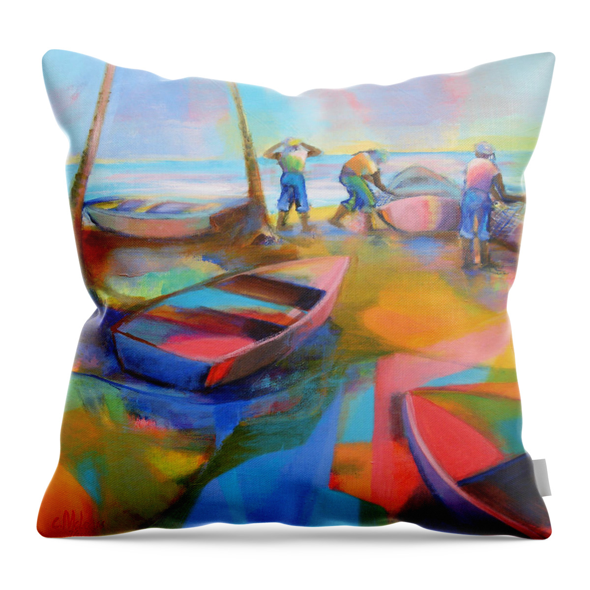 Abstract Throw Pillow featuring the painting Fishermen by Cynthia McLean