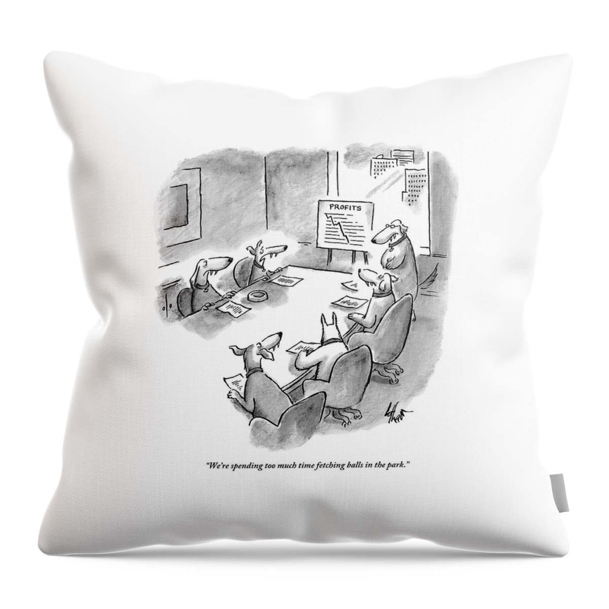 Five Dogs Sit Around An Office Meeting Table Throw Pillow