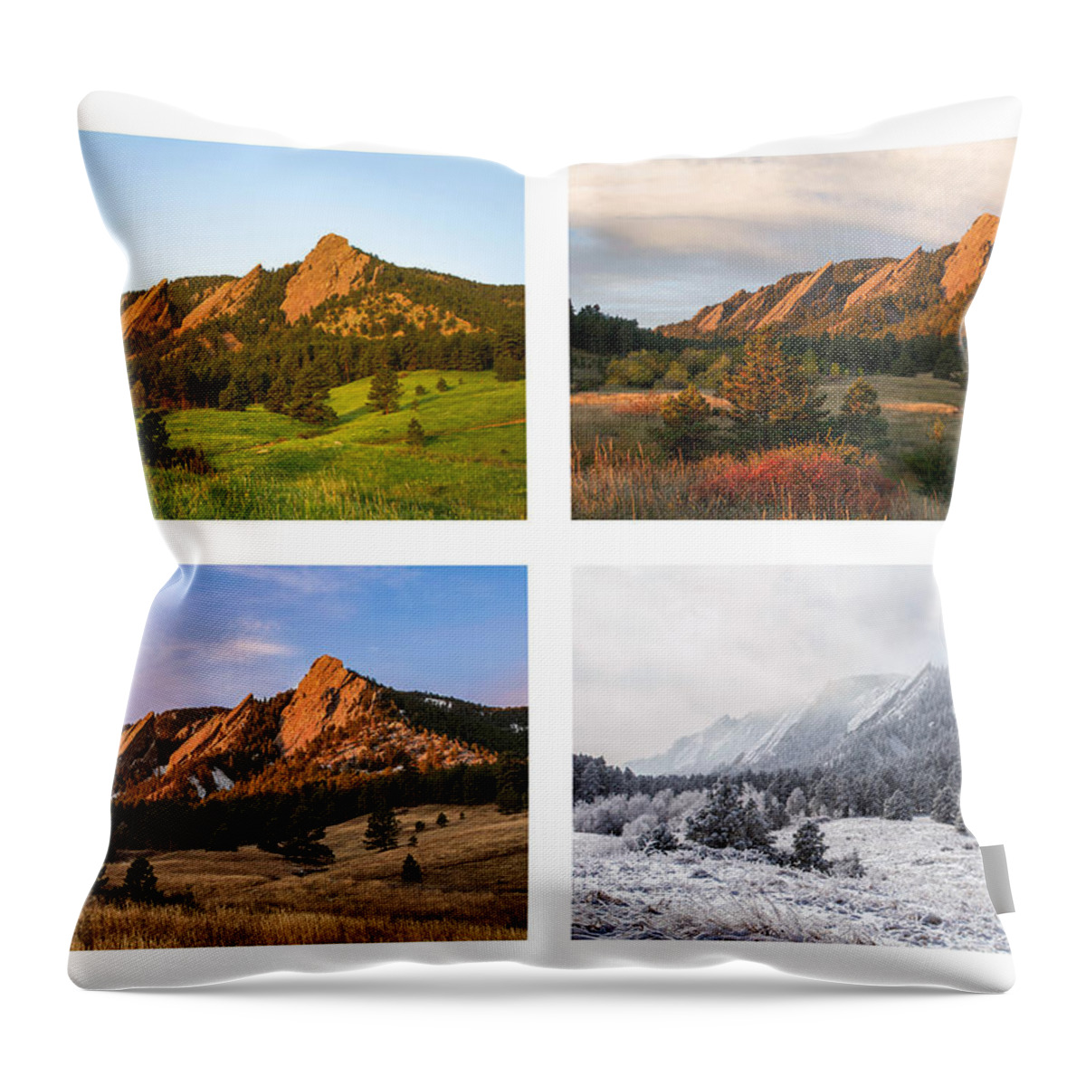 Flatirons Throw Pillow featuring the photograph Flatirons Four Seasons with Border by Aaron Spong