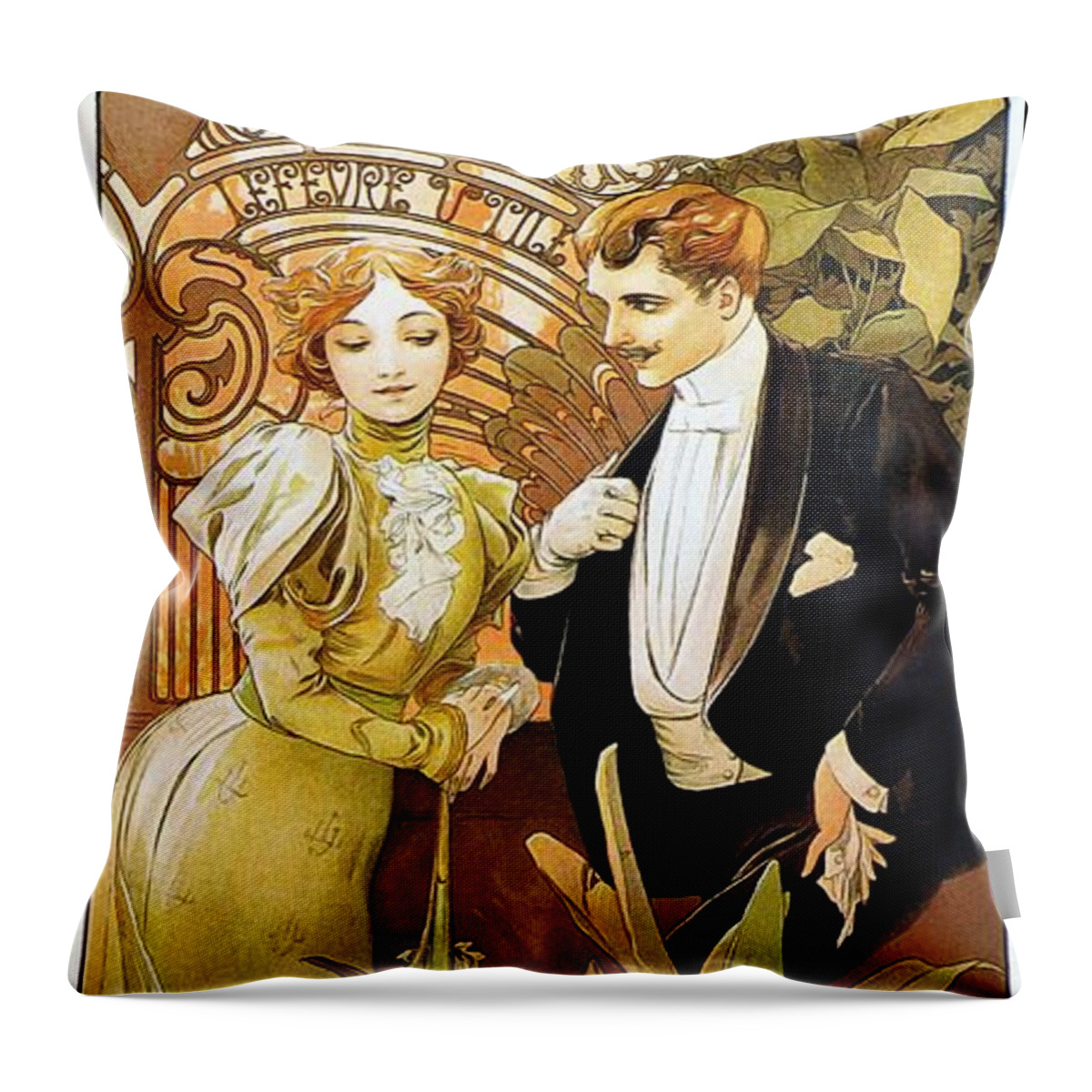 Alphonse Mucha Throw Pillow featuring the painting Flirt by Alphonse Mucha