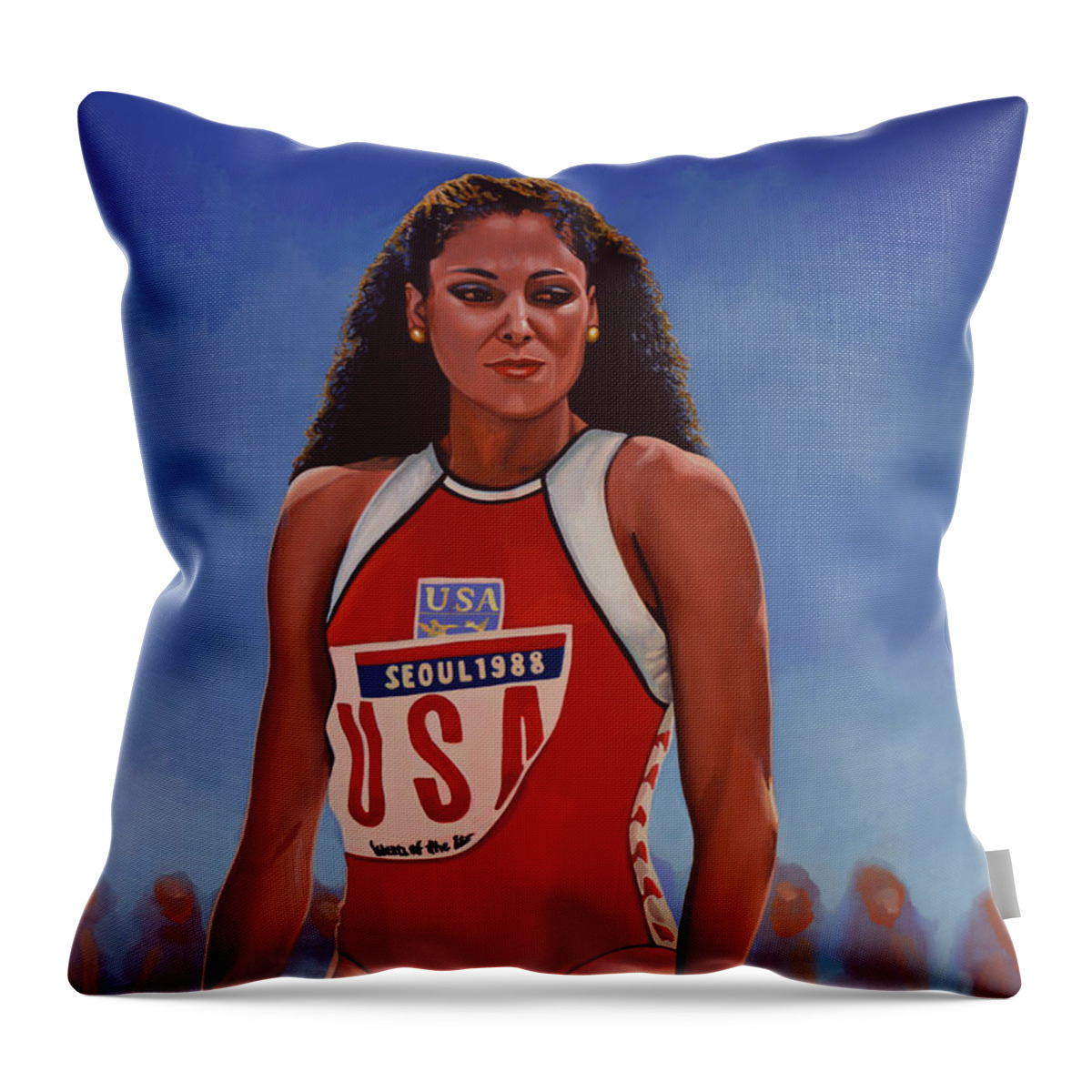 Florence Griffith Throw Pillow featuring the painting Florence Griffith - Joyner by Paul Meijering