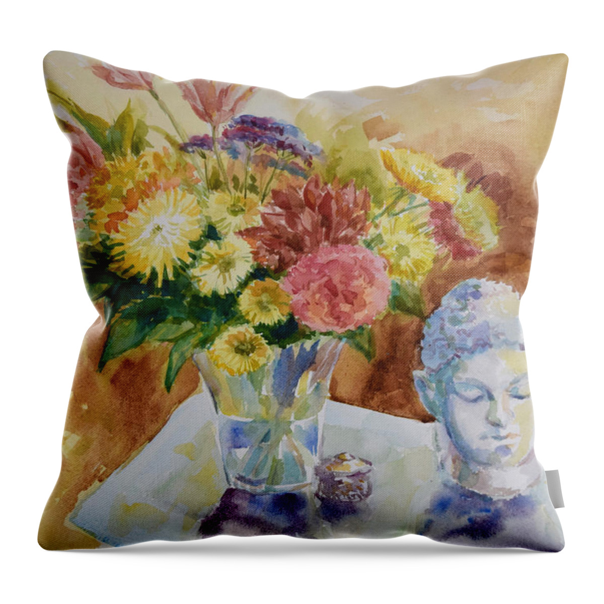 Still Life Throw Pillow featuring the painting Flower Vase with Buddha by Jyotika Shroff