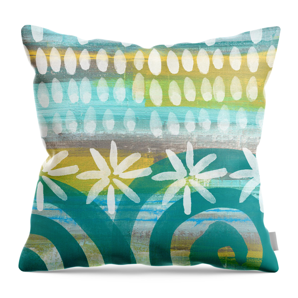 Blue And Yellow Painting Throw Pillow featuring the painting Flowers and Waves- abstract pattern painting by Linda Woods