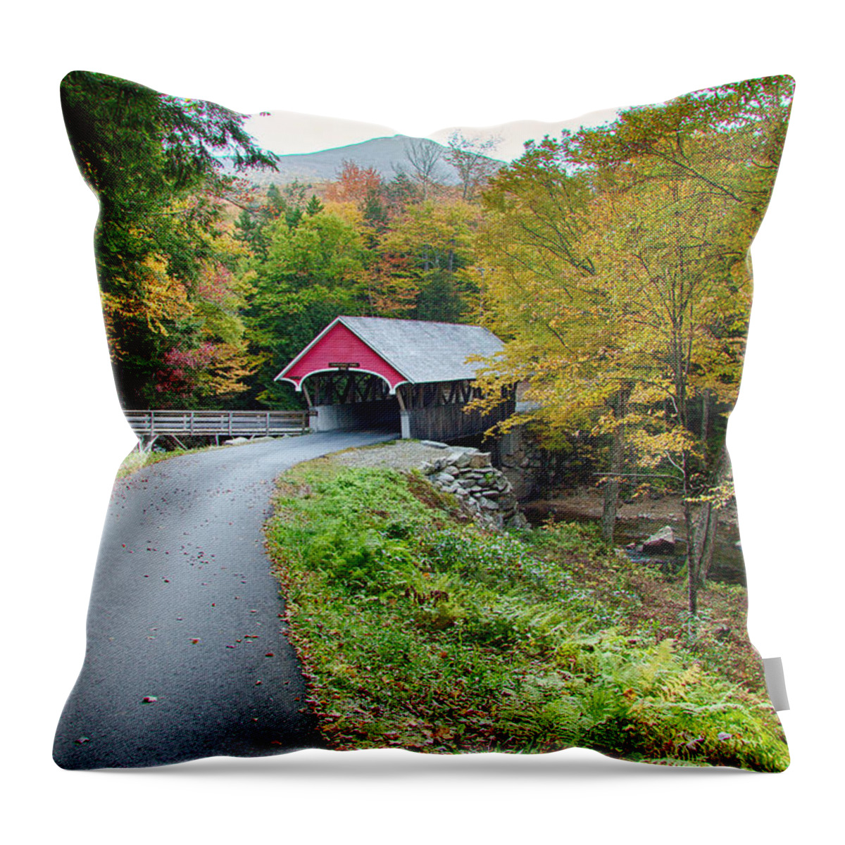 Autumn Foliage New England Throw Pillow featuring the photograph Flume Gorge covered bridge by Jeff Folger