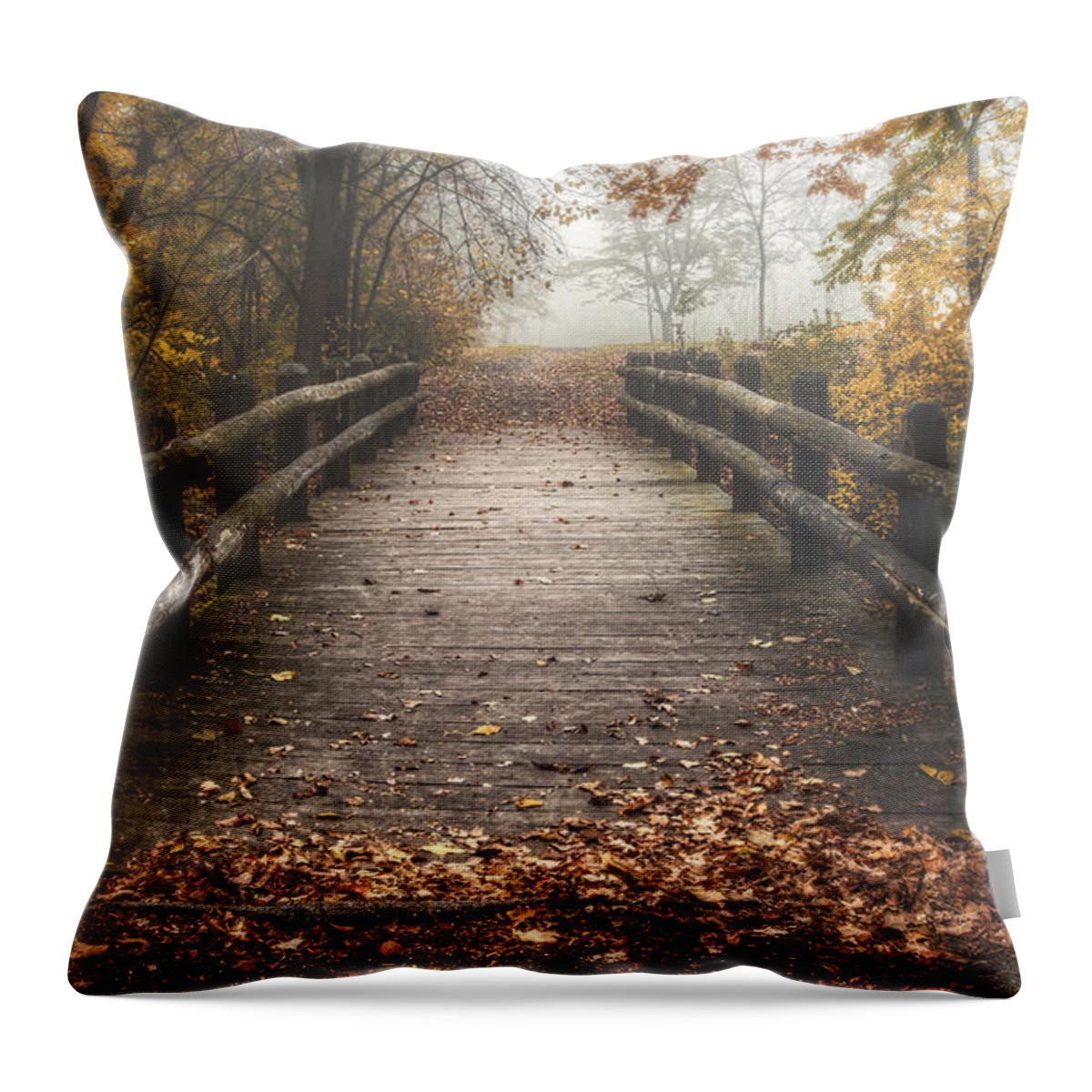 Bridge Throw Pillow featuring the photograph Foggy Lake Park Footbridge by Scott Norris
