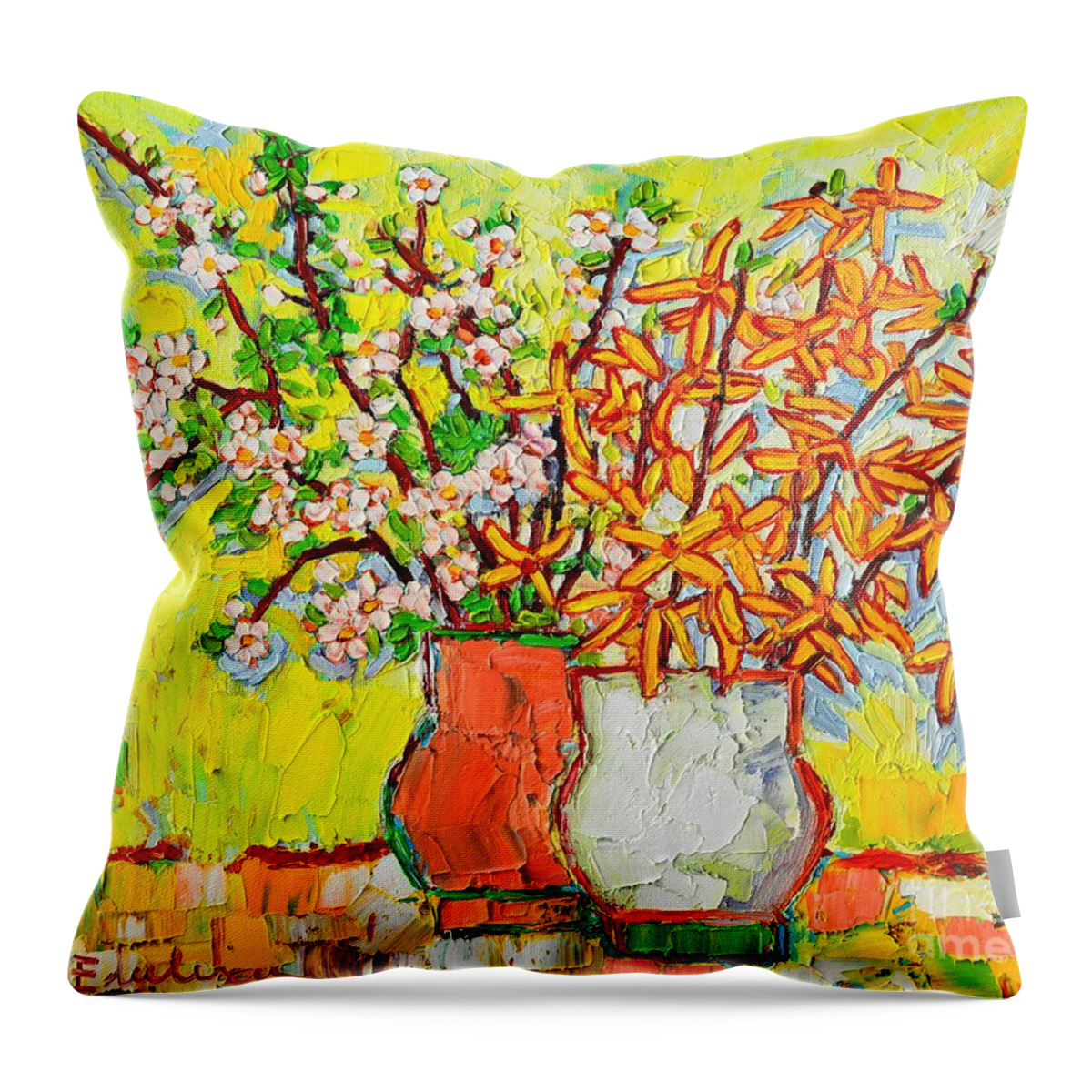 Spring Throw Pillow featuring the painting Forsythia And Cherry Blossoms Spring Flowers by Ana Maria Edulescu