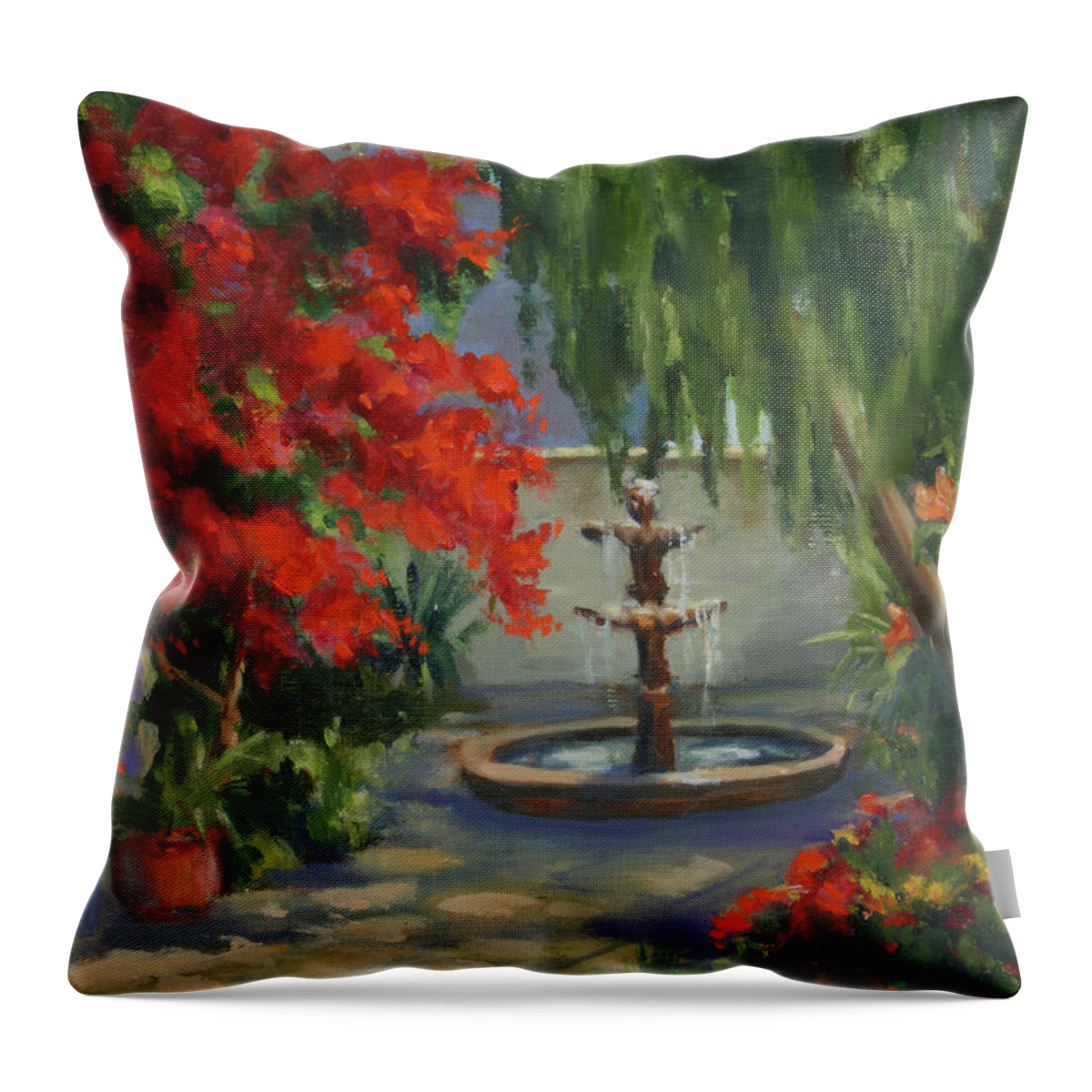 Fountain Throw Pillow featuring the painting Relaxing in the Courtyard by Maria Hunt