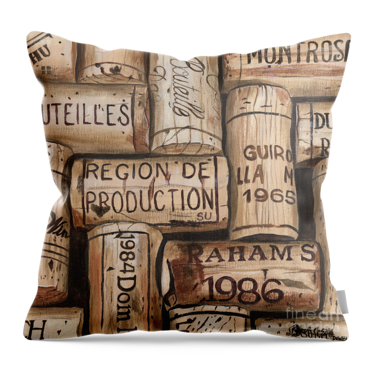 Alcohol Throw Pillow featuring the painting French Corks by Debbie DeWitt