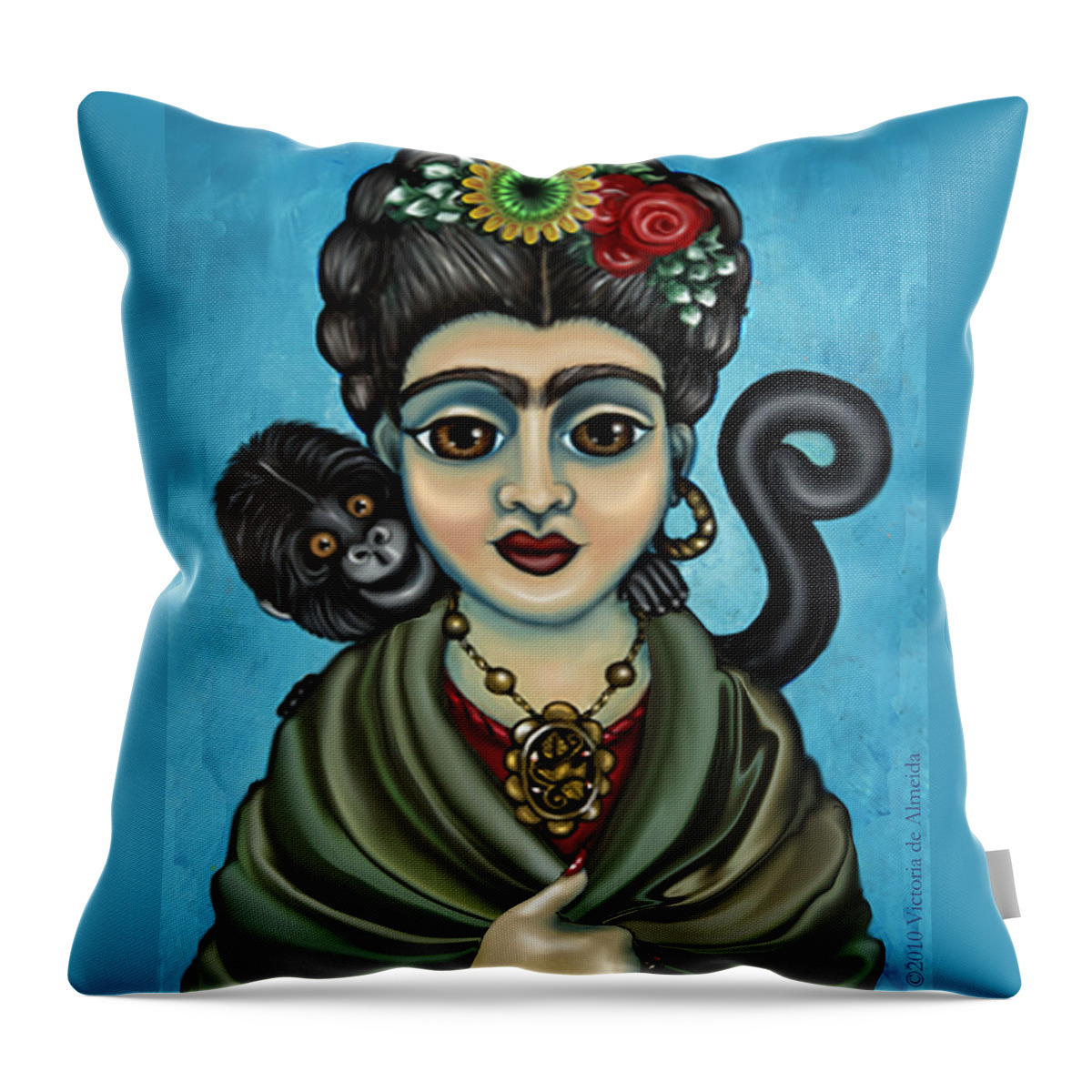 Frida Throw Pillow featuring the painting Frida's Monkey by Victoria De Almeida