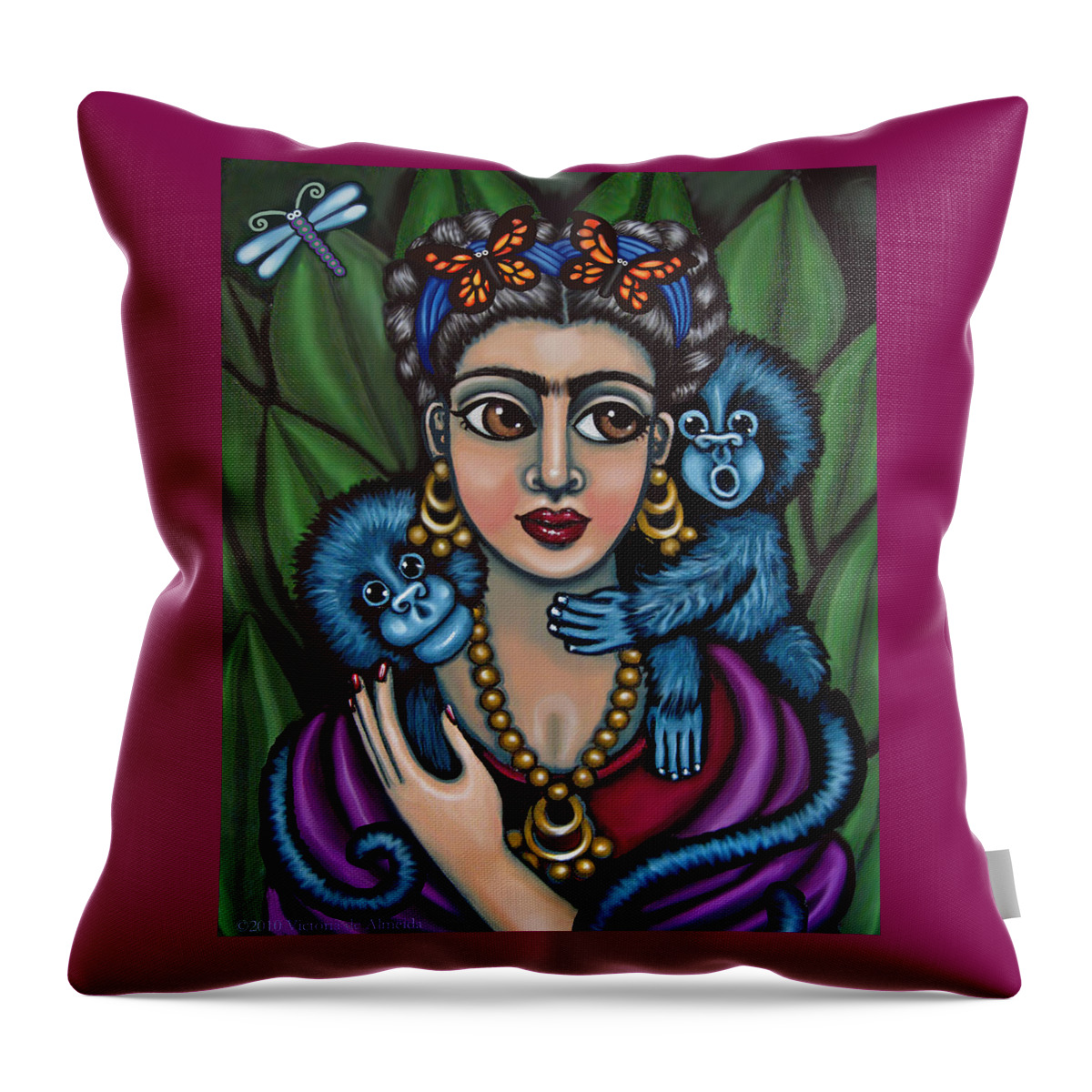 Mexican Folk Art Throw Pillow featuring the painting Frida's Monkeys by Victoria De Almeida