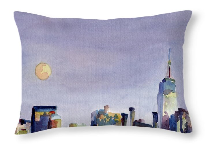 New York Throw Pillow featuring the painting Full Moon and Empire State Building Watercolor Painting of NYC by Beverly Brown