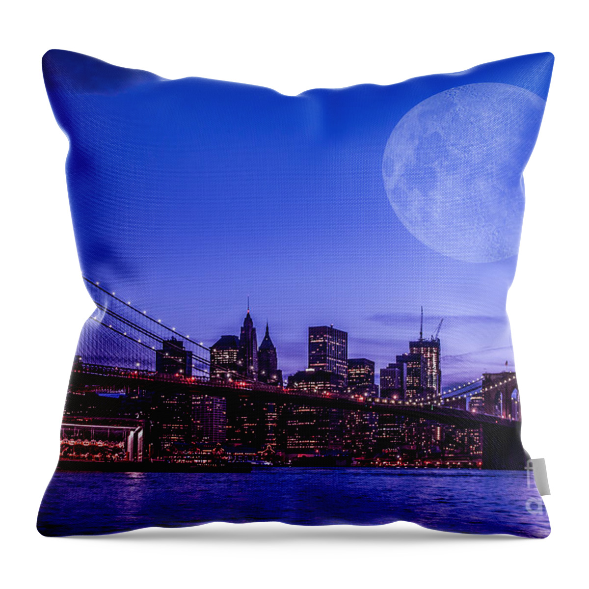 Nyc Throw Pillow featuring the photograph Full moon over Manhattan II by Hannes Cmarits