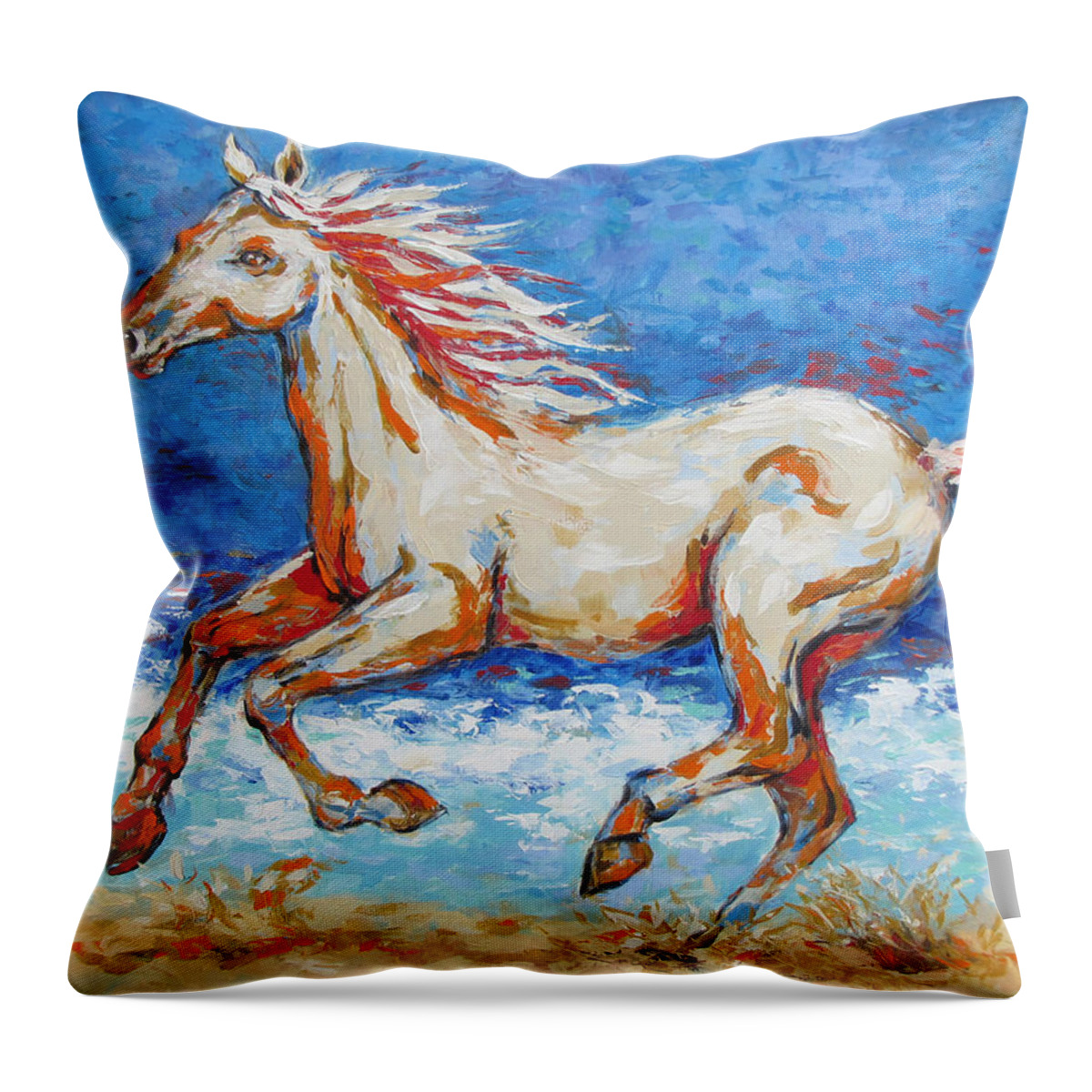  Beach Throw Pillow featuring the painting Galloping Horse on Beach by Jyotika Shroff