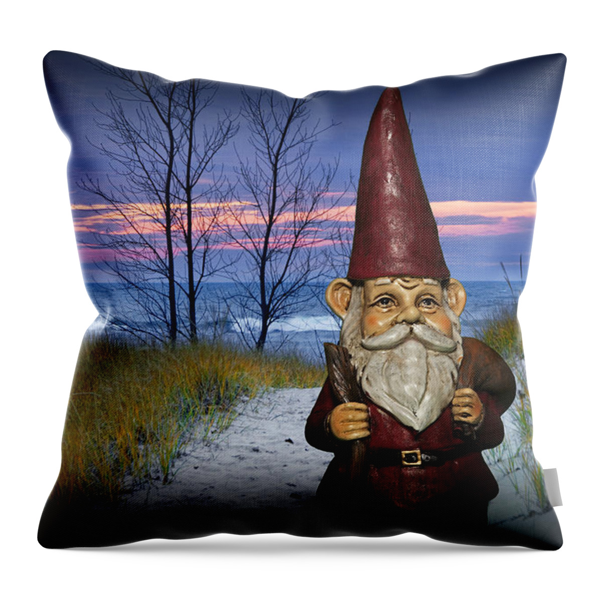Art Throw Pillow featuring the photograph Garden Gnome at the Beach at Sunset by Randall Nyhof