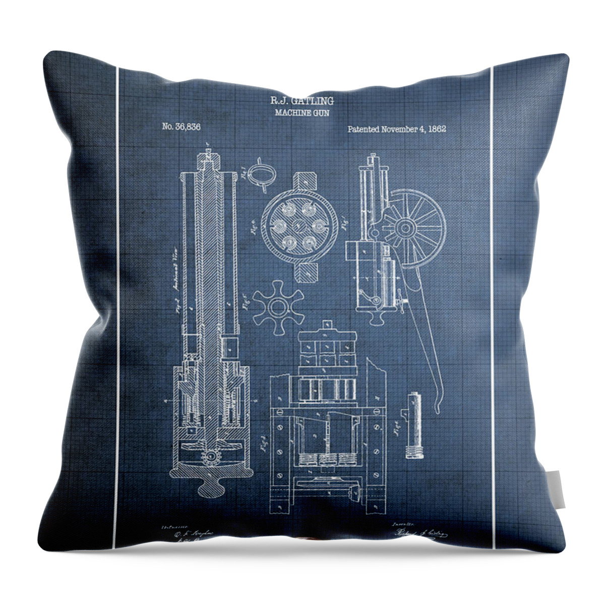 C7 Vintage Patents Weapons And Firearms Throw Pillow featuring the digital art Gatling Machine Gun - Vintage Patent Blueprint by Serge Averbukh