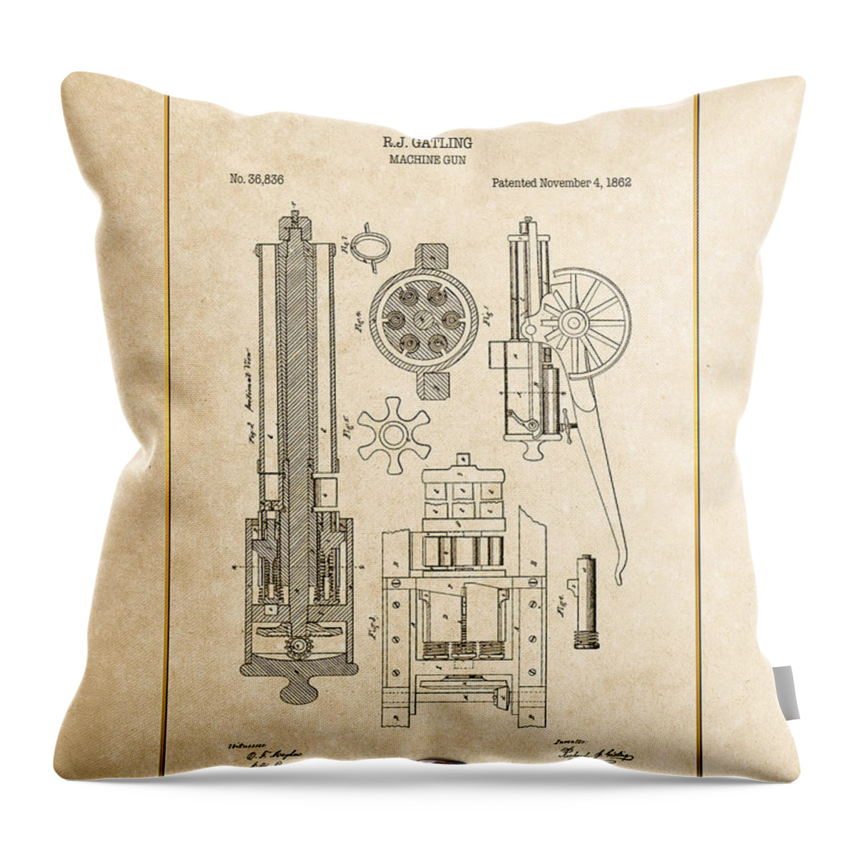 C7 Vintage Patents Weapons And Firearms Throw Pillow featuring the digital art Gatling Machine Gun - Vintage Patent Document by Serge Averbukh