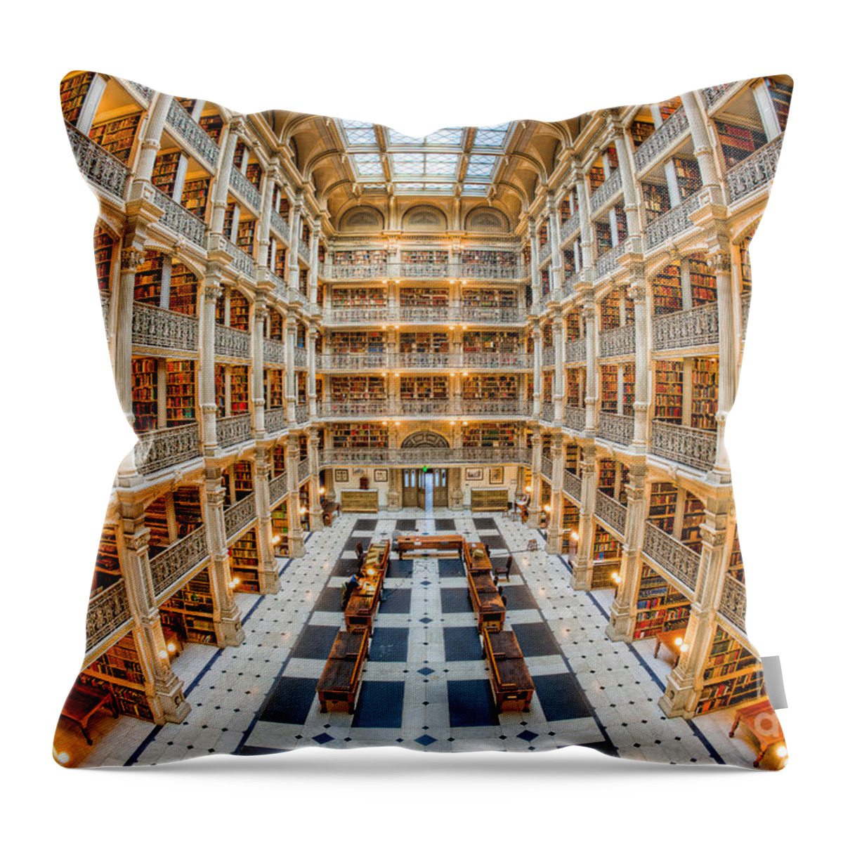 Clarence Holmes Throw Pillow featuring the photograph George Peabody Library I by Clarence Holmes