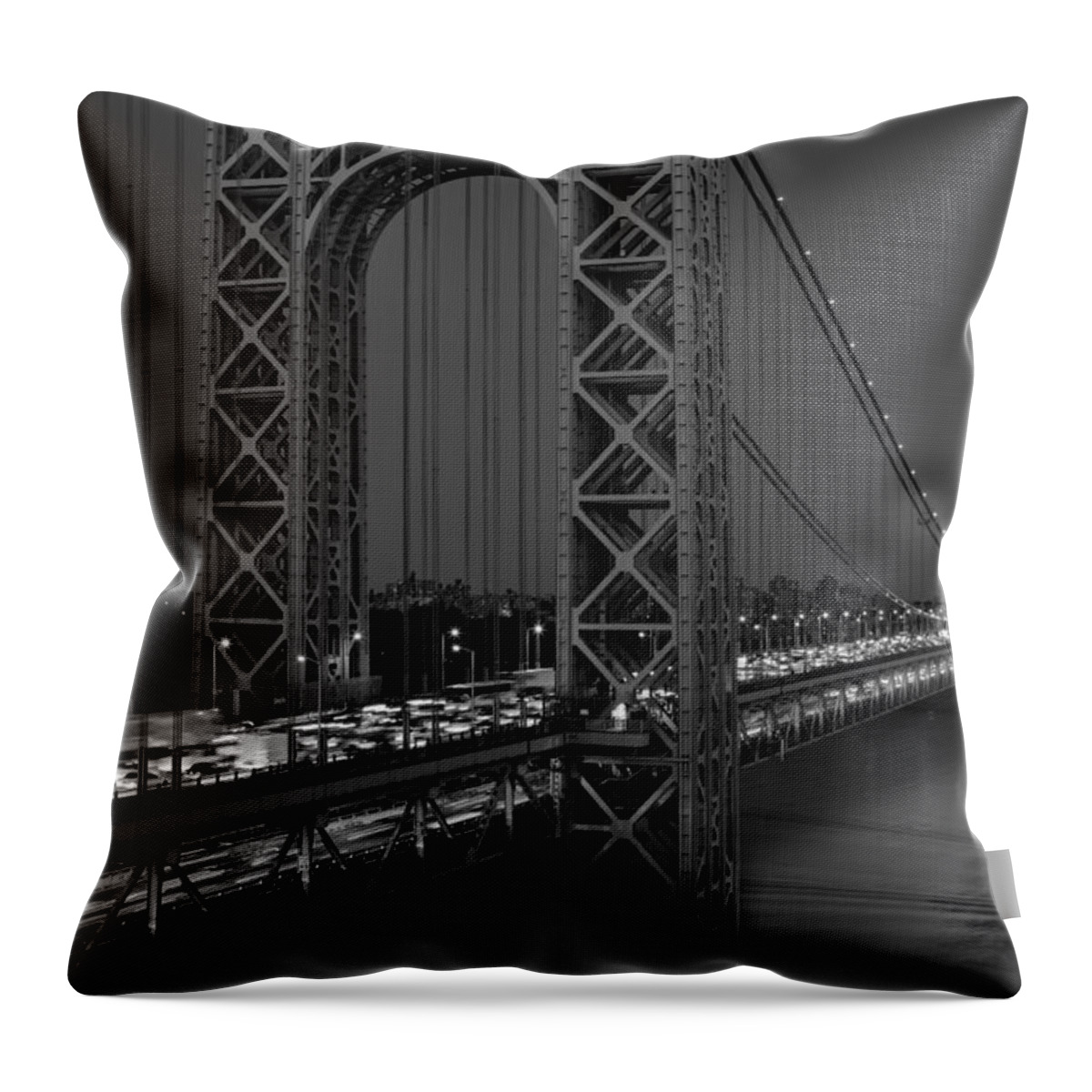 George Washington Bridge Throw Pillow featuring the photograph George Washington Bridge Moon Rise BW by Susan Candelario