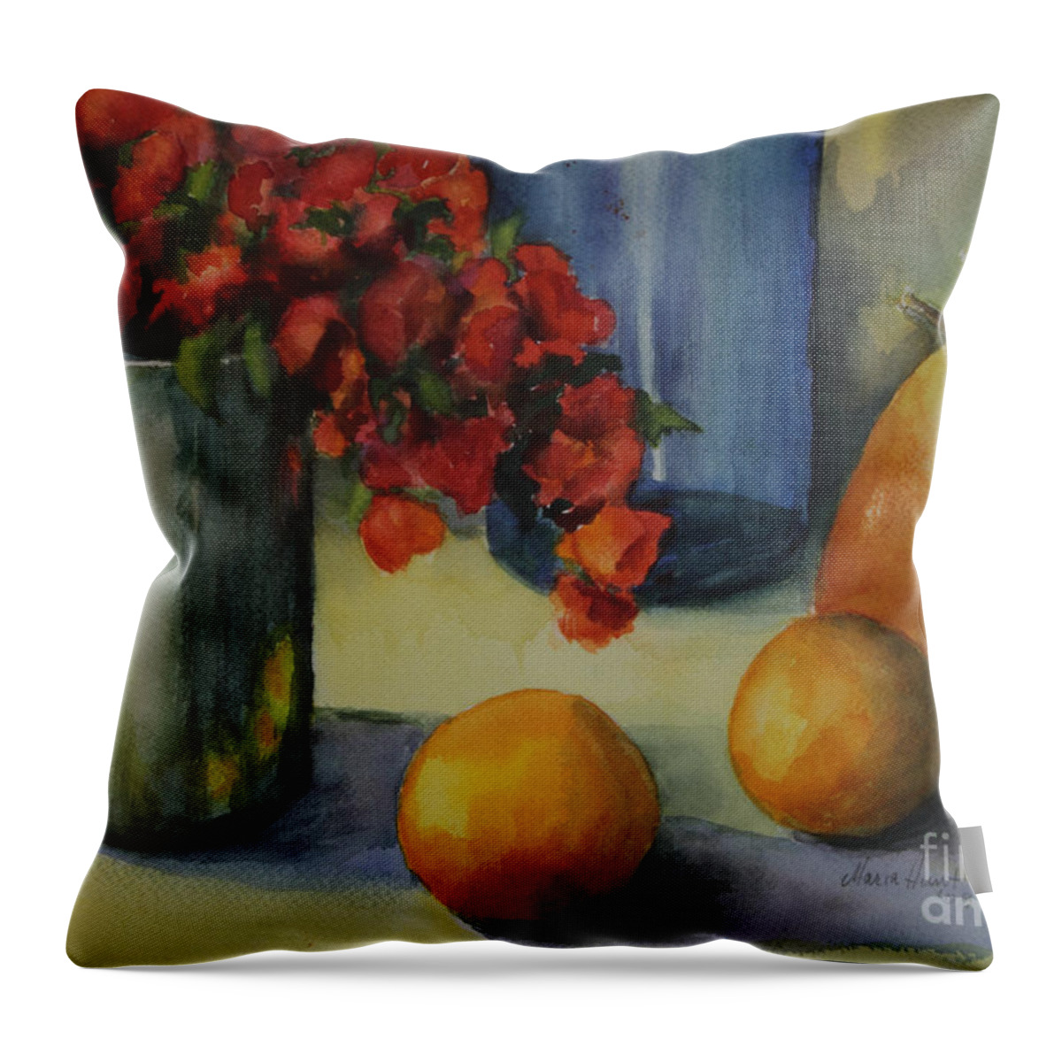 Pewter Vase Throw Pillow featuring the photograph Geraniums with Pear and Oranges by Maria Hunt