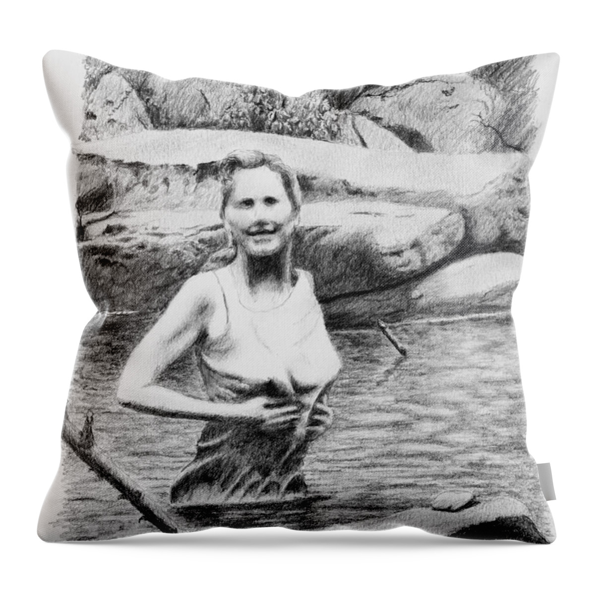 Girl Throw Pillow featuring the drawing Girl In Savage Creek by Daniel Reed