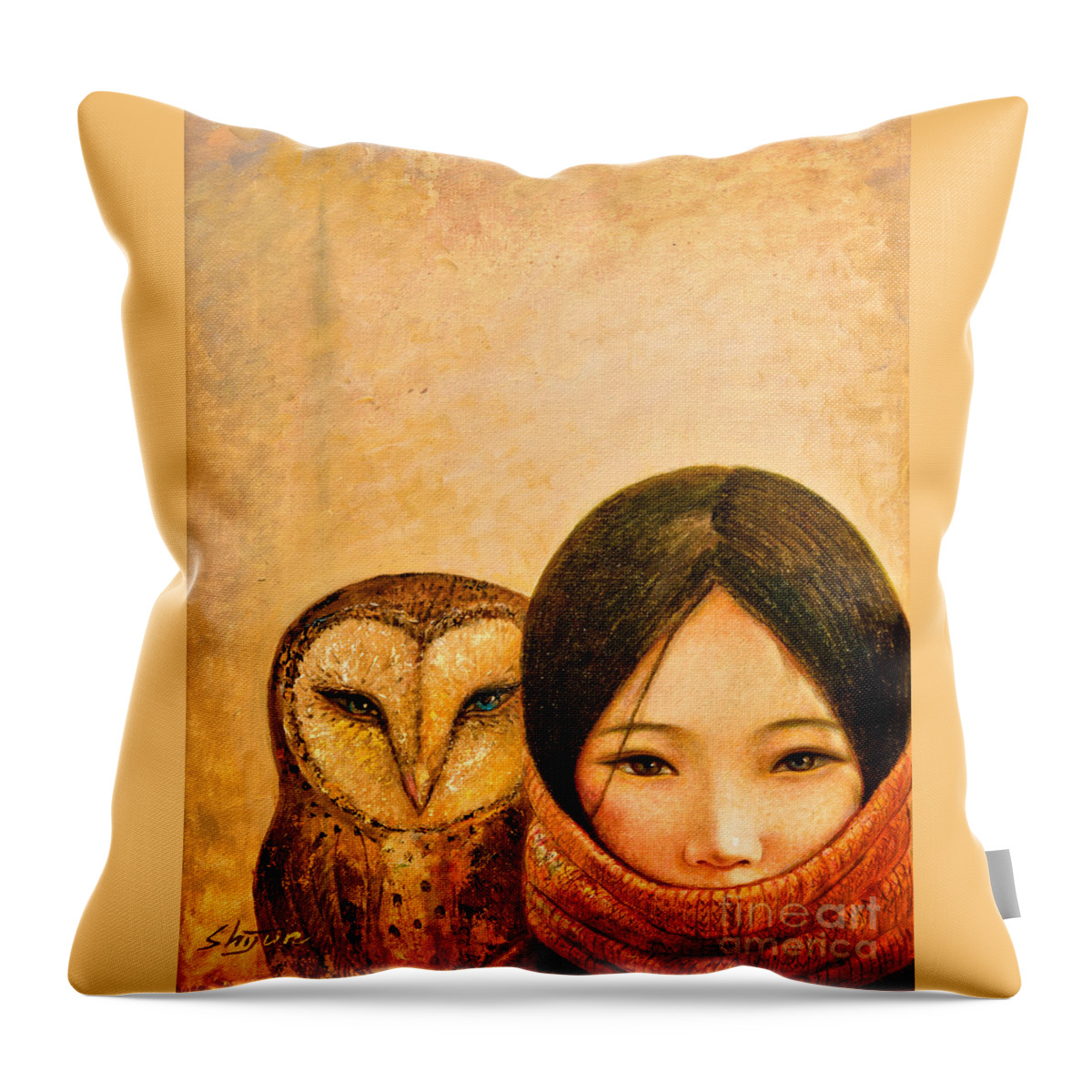 Shijun Throw Pillow featuring the painting Girl with Owl by Shijun Munns