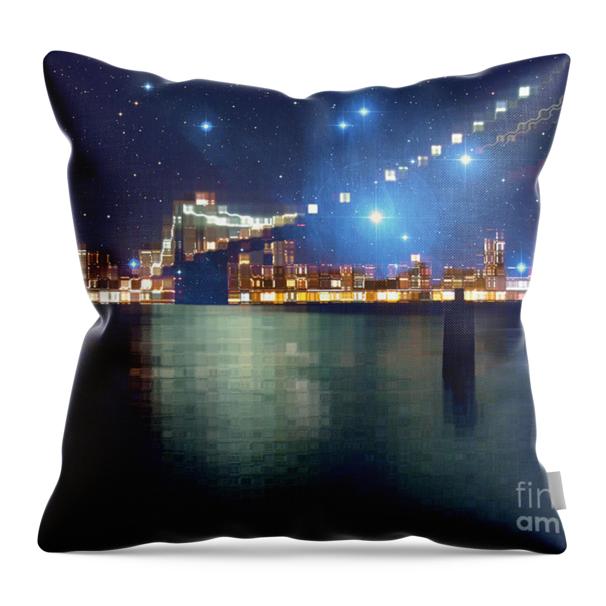 Manhattan Throw Pillow featuring the digital art Glass Block Brooklyn Bridge Among the Stars by Beverly Claire Kaiya