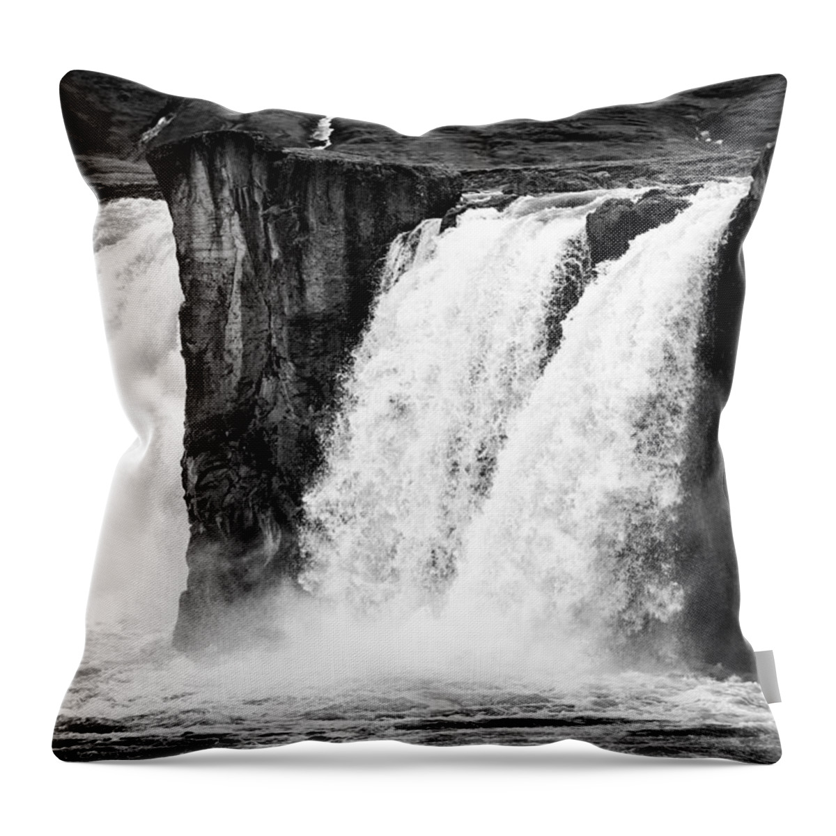 Godafoss Throw Pillow featuring the photograph Godafoss waterfall Iceland black and white by Matthias Hauser