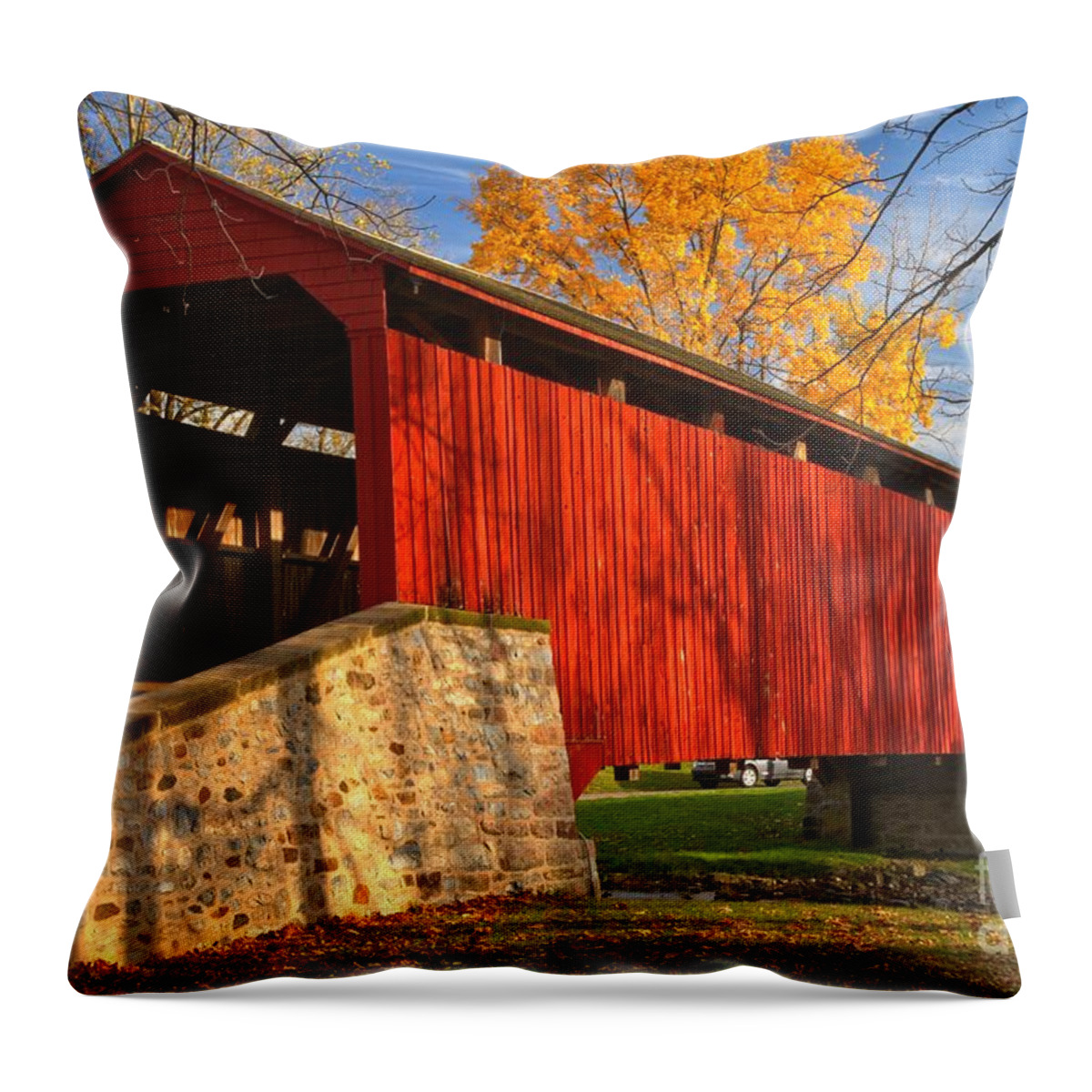Poole Forge Covered Bridge Throw Pillow featuring the photograph Gold Above The Poole Forge Covered Bridge by Adam Jewell