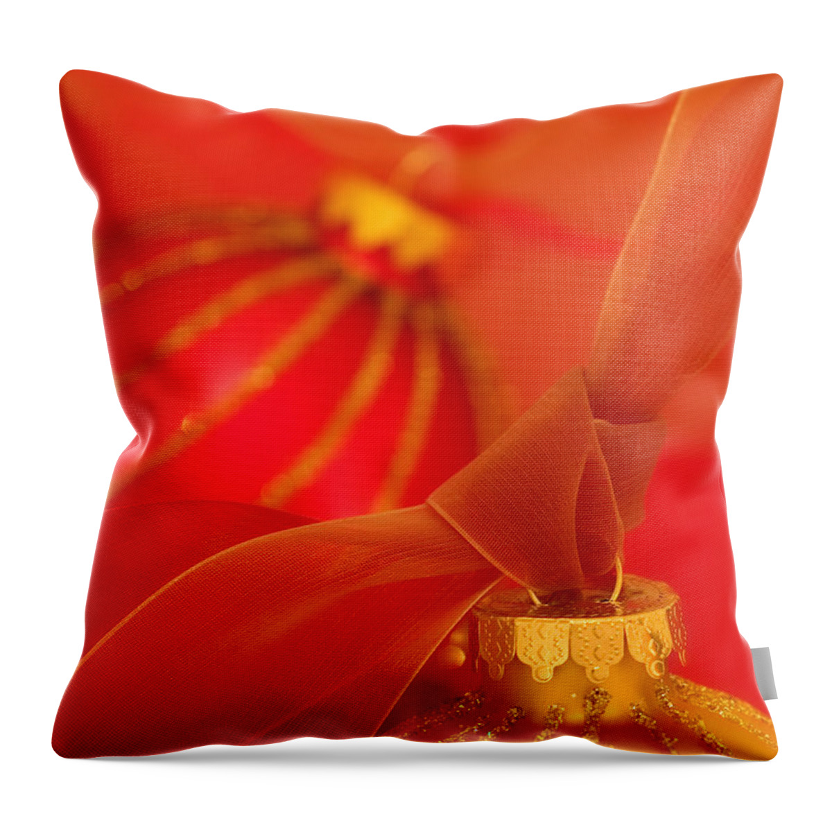 Christmas Throw Pillow featuring the photograph Gold and Red Ornaments with Ribbons by Carol Leigh