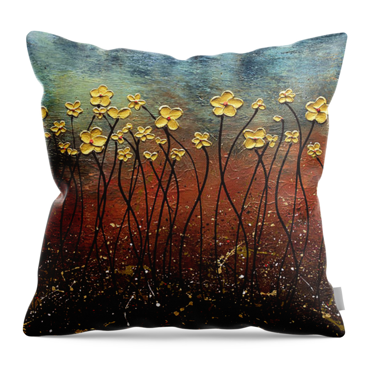 Abstract Art Throw Pillow featuring the painting Golden Flowers by Carmen Guedez