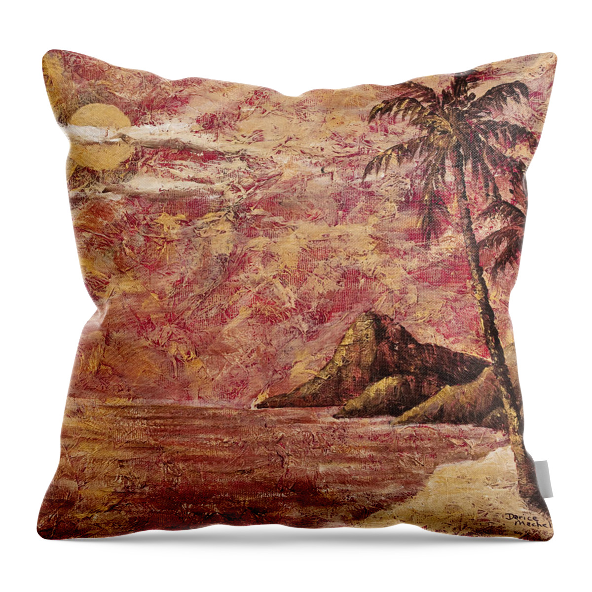 Landscape Throw Pillow featuring the painting Golden Tropical Sunset by Darice Machel McGuire