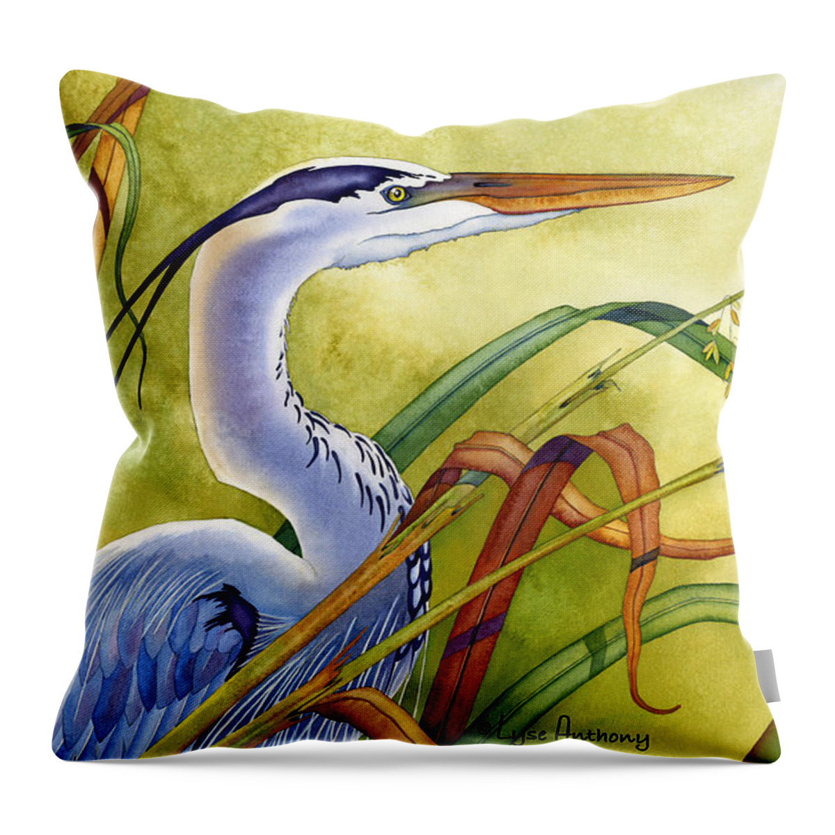 Watercolor Throw Pillow featuring the painting Great Blue Heron by Lyse Anthony