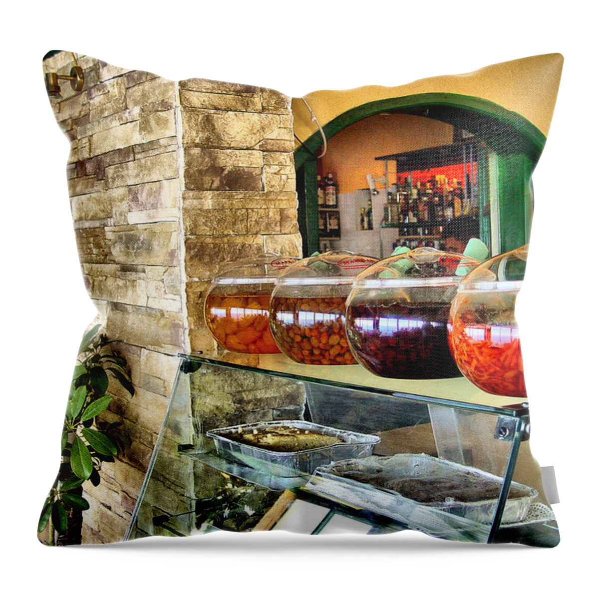 Olives Throw Pillow featuring the photograph Greek Isle Restaurant Still Life by Mitchell R Grosky