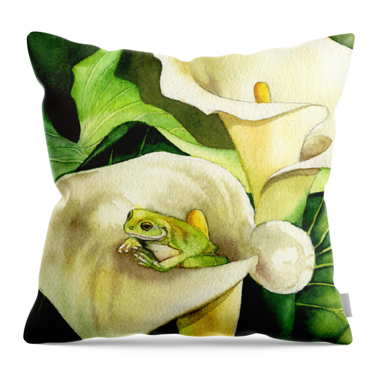 Frog Throw Pillow featuring the painting Green Peace by Lyse Anthony