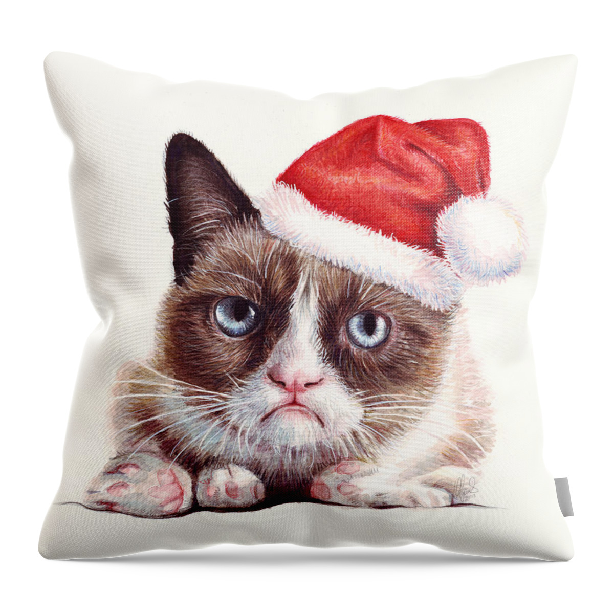 Grumpy Throw Pillow featuring the painting Grumpy Cat as Santa by Olga Shvartsur