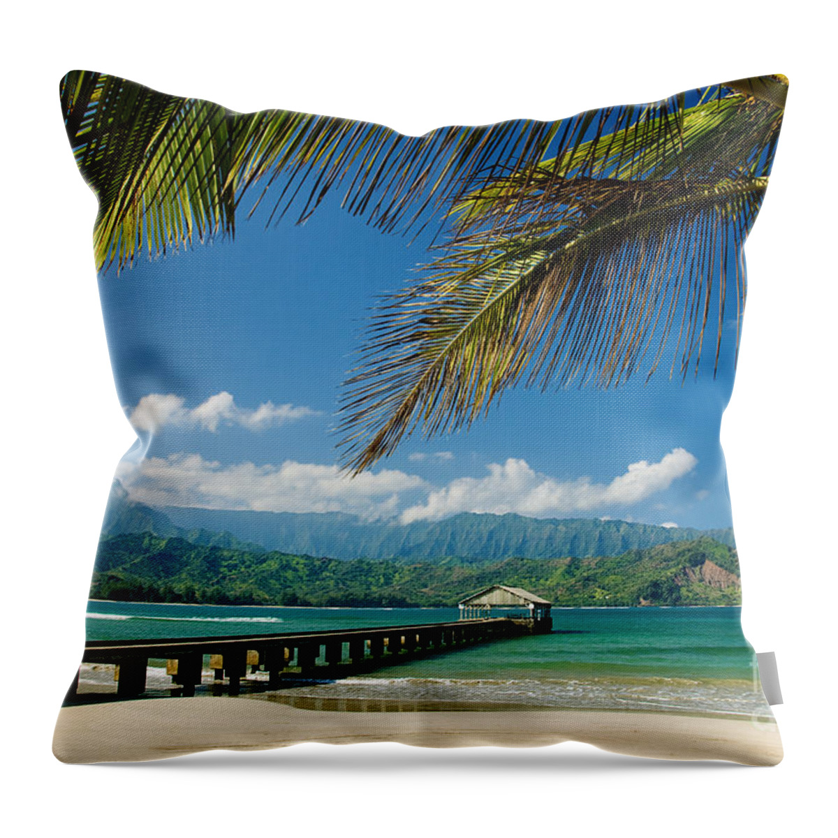 Bay Throw Pillow featuring the photograph Hanalei Pier and beach by M Swiet Productions