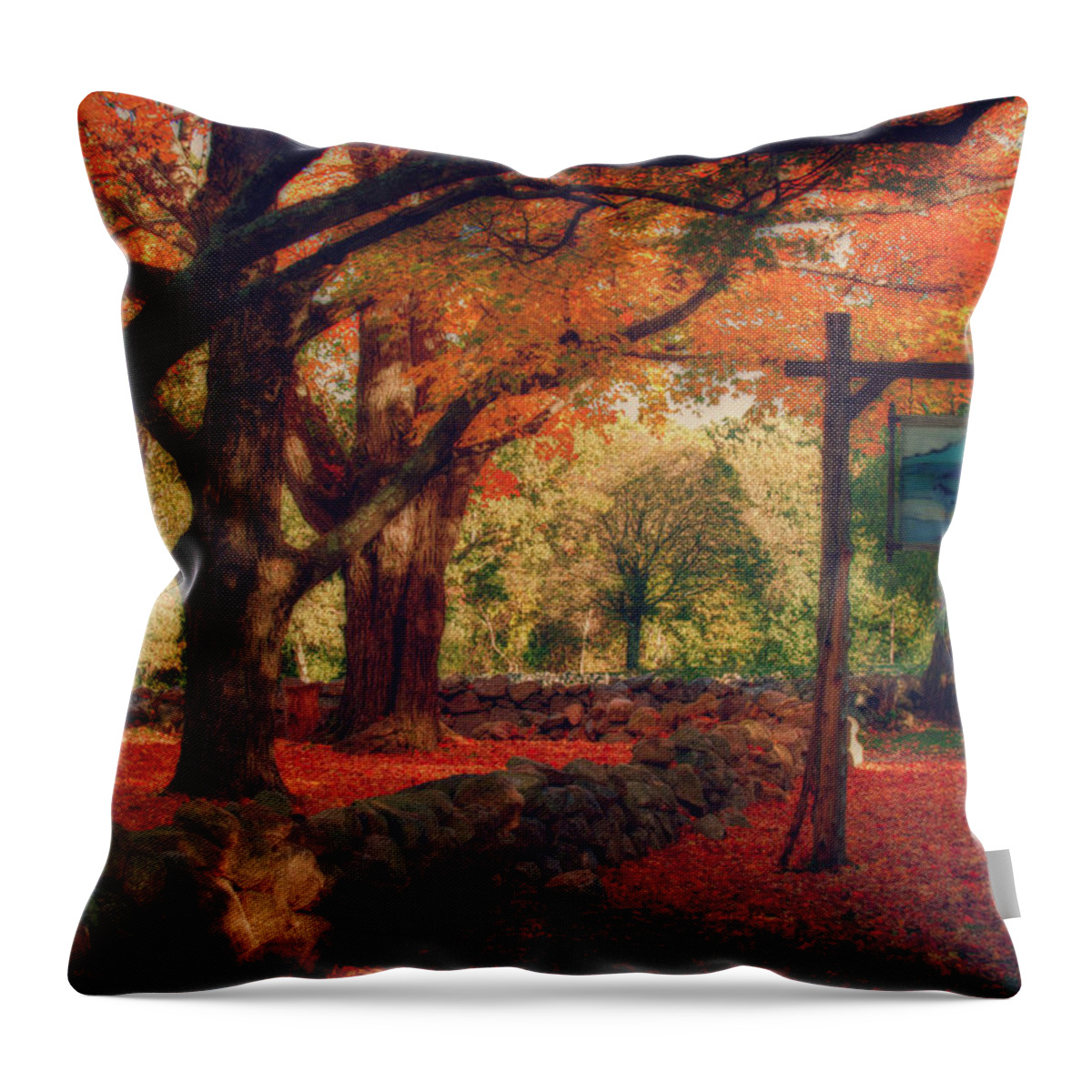 Hartwell Tavern Throw Pillow featuring the photograph Hartwell tavern under orange fall foliage by Jeff Folger
