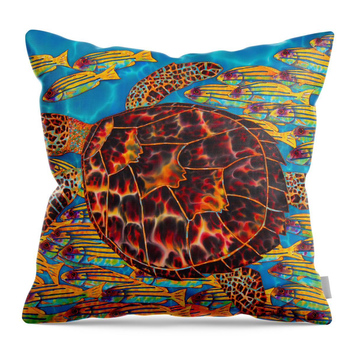 Sea Turtle Throw Pillow featuring the painting Hawksbill Sea Turtle and Snappers by Daniel Jean-Baptiste