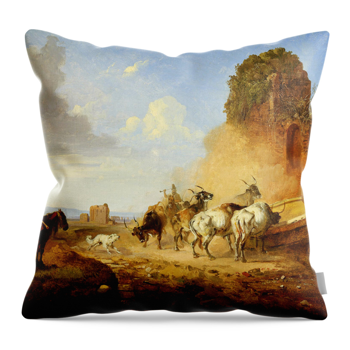 Heinrich Burkel Cattle Watering At A Fountain On The Via Appia A Tiqua Throw Pillow featuring the painting Heinrich Burkel Cattle Watering at a Fountain on the Via Appia A tiqua by MotionAge Designs