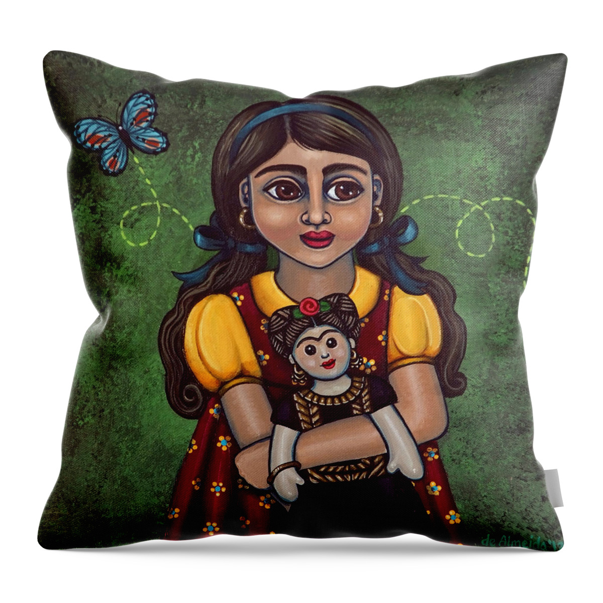 Frida Throw Pillow featuring the painting Holding Frida by Victoria De Almeida