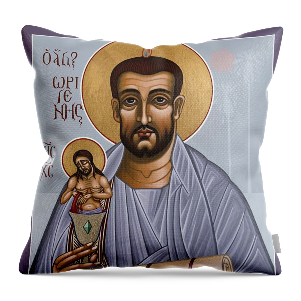 Holy Theologian Origen Throw Pillow featuring the painting Holy Theologian Origen 112 by William Hart McNichols