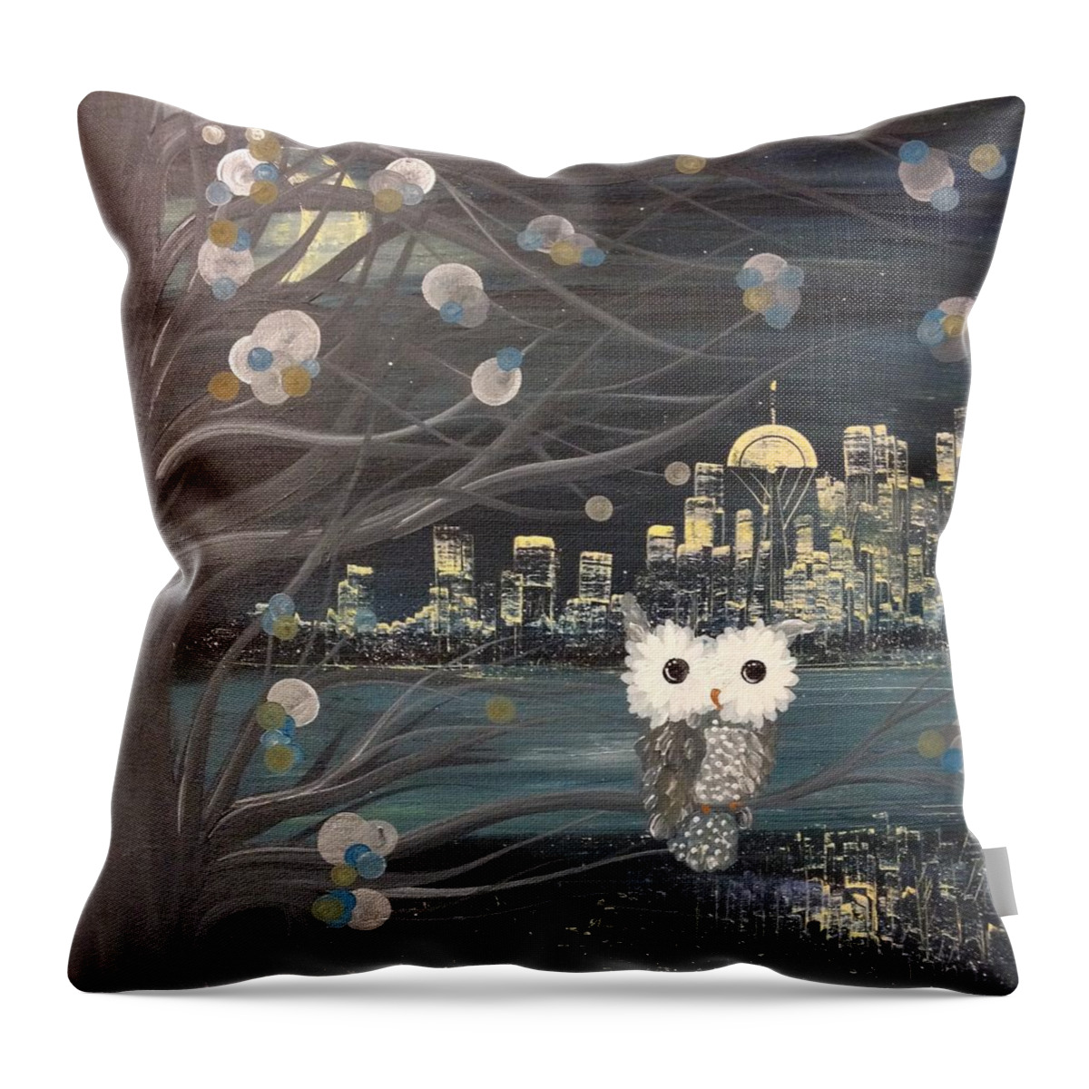 Contemporary Mixed Media Original Art By Amanda Mimi Stirn Throw Pillow featuring the painting Hoolandia - Hoo's City 02 by MiMi Stirn